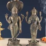 18" Vintage Brass Vishnu Lakshmi Idol Pair | Divine Couple Temple Murti | Sacred Art Set